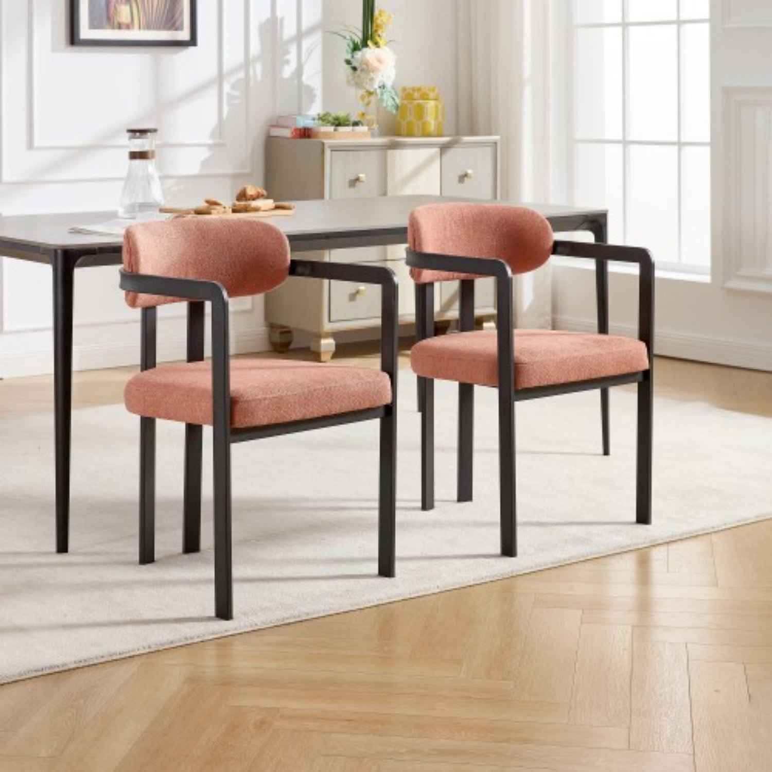 Modern Dining Room Chairs Set of 2 Mid Century Upholstered Boucle Dining Chairs with Curved Backrest Black Metal Legs Kitchen Side Chairs, Orange