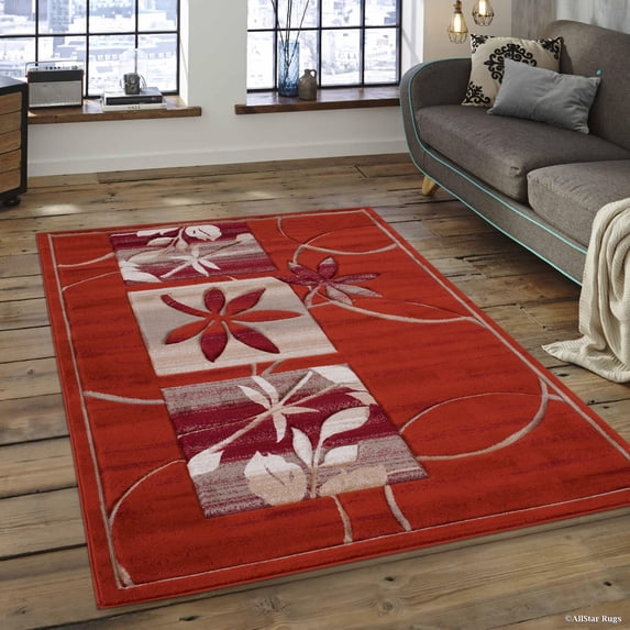Allstar Orange Flowers Floral Design Modern Geometric Area Rug (3' 9" x 5' 1")