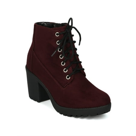 Alrissoda - Women Faux Suede Round Toe Lace Up Platform Chunky Heel Combat Bootie - 18079 by