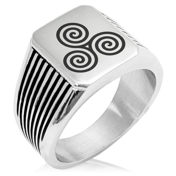 Stainless Steel Celtic Triskele Triskelion Triple Spiral Needle Stripe Pattern Biker Style Polished Ring