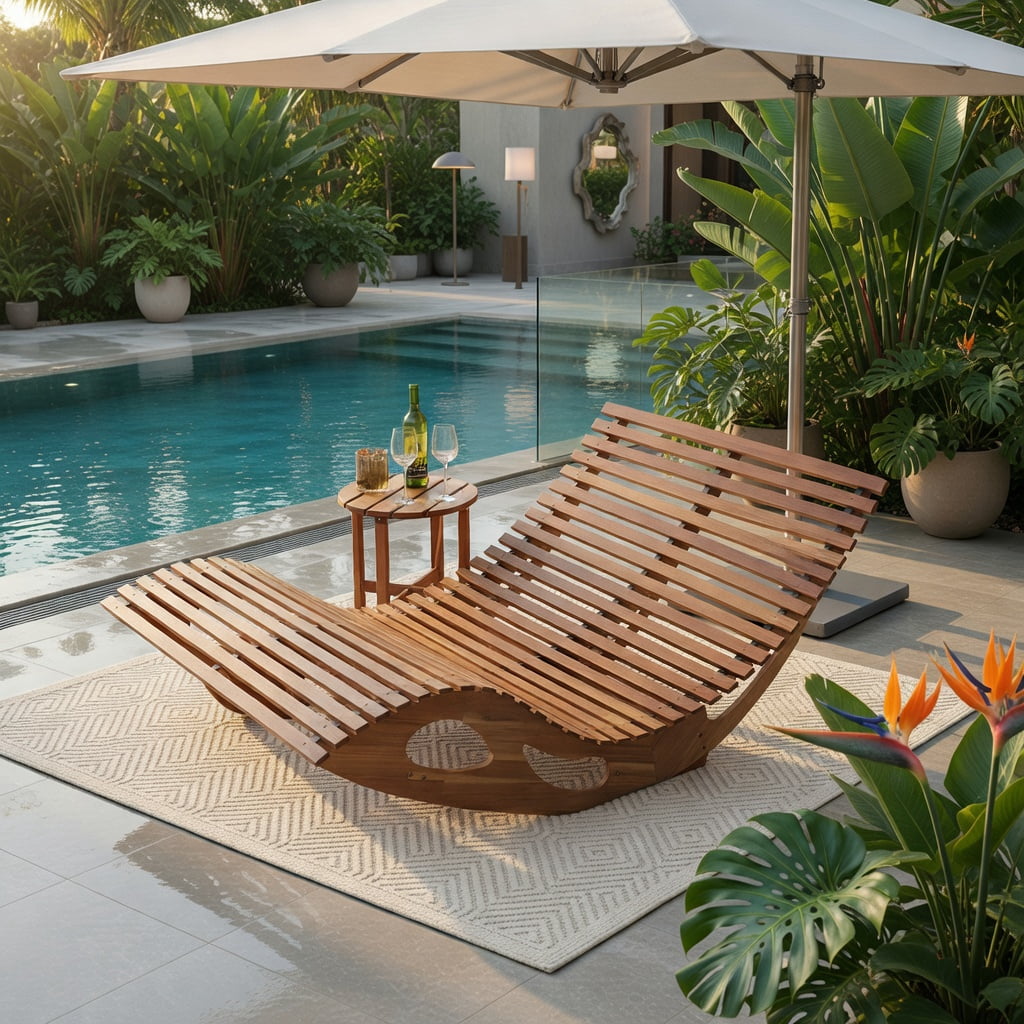 Hommoo Slatted Acacia Wood 2-Seat Dual Rocker Patio Sunbed, Ergonomic Curved Seat, Poolside & Backyard Lounger, Natural