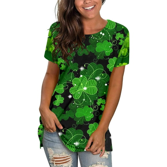 YDLCAFD Cap Sleeve Tops for Women Women Casual St Pa Day Print Shirts Round Neck Short Sleeve Tee Tops Tunic Blouse Nike T Shirts Women Womens Tops Cotton