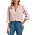 thumbnail image 2 of Women'S Business Casual Tops Summer Long Sleeve Button Down Shirts V Neck Chiffon Blouses Pink Leather XXL, 2 of 8