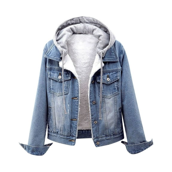 Edvintorg Denim Jean Jacket for Women Fashion Women Plus Velvet Long Sleeve Slim-Fit Hooded Jacket Coat Light Blue Xxl