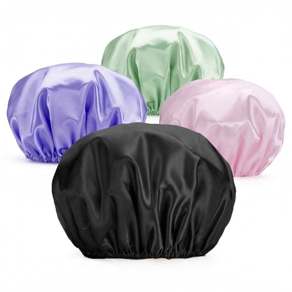 CNDRLEF Shower Caps for Women, 4 Pack Reusable Waterproof Shower Caps, Double Layer Bath Caps, Large Size with Polyester Outer & EVA Inner