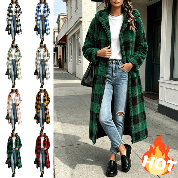 Mifsaly Womens Sherpa Long Coat Plaid Hooded Full Zip Fuzzy Fleece Jacket Maxi Length Relaxed Fit Heavyweight Warm Winter Outerwear with Pockets Army Green,S