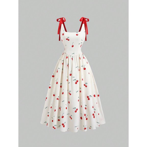 Multicolor Cherry Print A-Line Dress With Bow Straps, Summer Cute Princess Style