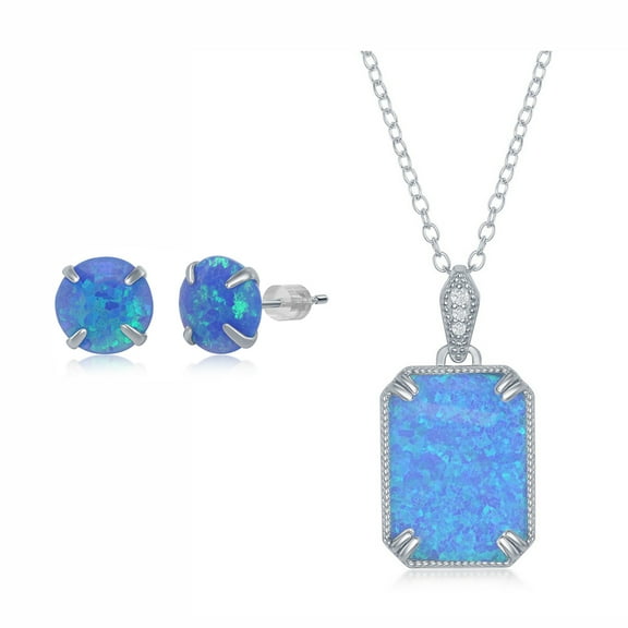 925 Sterling Silver Rhodium Plated 20x15mm Rectangle Blue/White Created Opal with Cubic Zirconia, Beaded Border 18’’ Pendant Necklace Including a 6mm Round Blue Created Opal Stud Earrings Jewelry Set