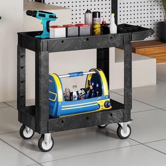 DEXTRUS Heavy-Duty Rolling Utility Cart with Lockable Wheels, 2-Shelf HDPE Plastic Service Cart, 550 lbs Capacity, 40" x 17" x 34", for Garage, Warehouse & Workshop, Black