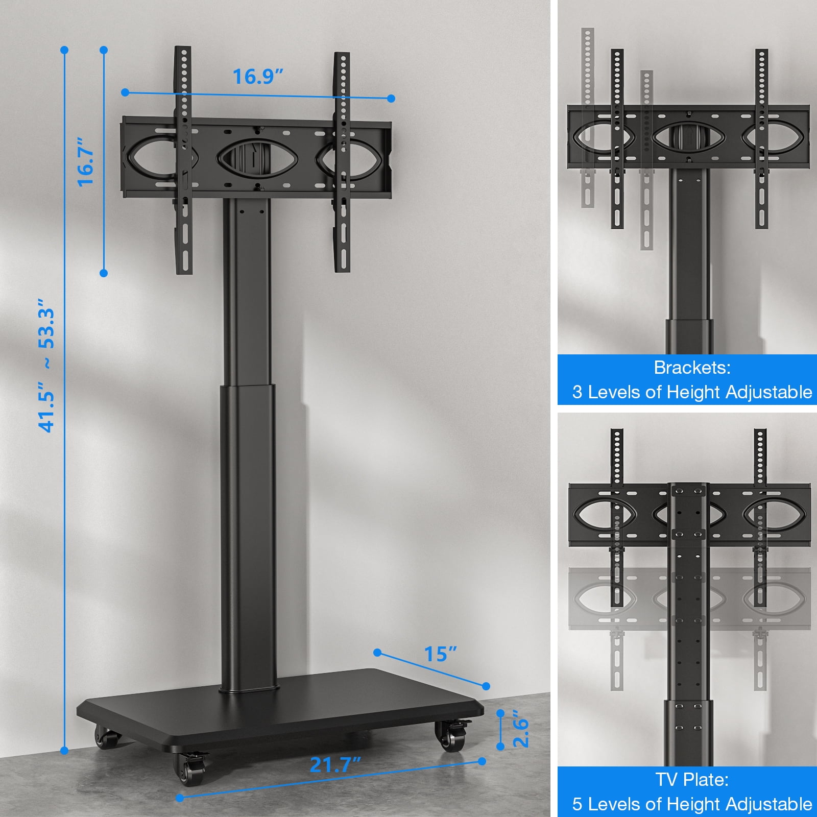 RTVR Universal Rolling TV Cart with Power Outlet for 32-70 Inch TVs, Height Adjustable Black