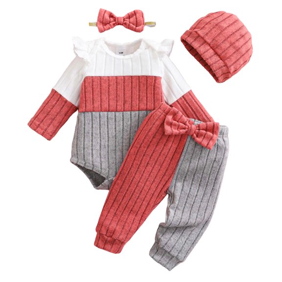 Ulanda Newborn Baby Girl Clothes Infant Fall Winter Outfits for Girls Clothing Set, Color Block Ribbed Outfit, Ruffle Long Sleeve Bodysuit, Matching Hat and Bow Headband (Watermelon Red, 6-9 Months)