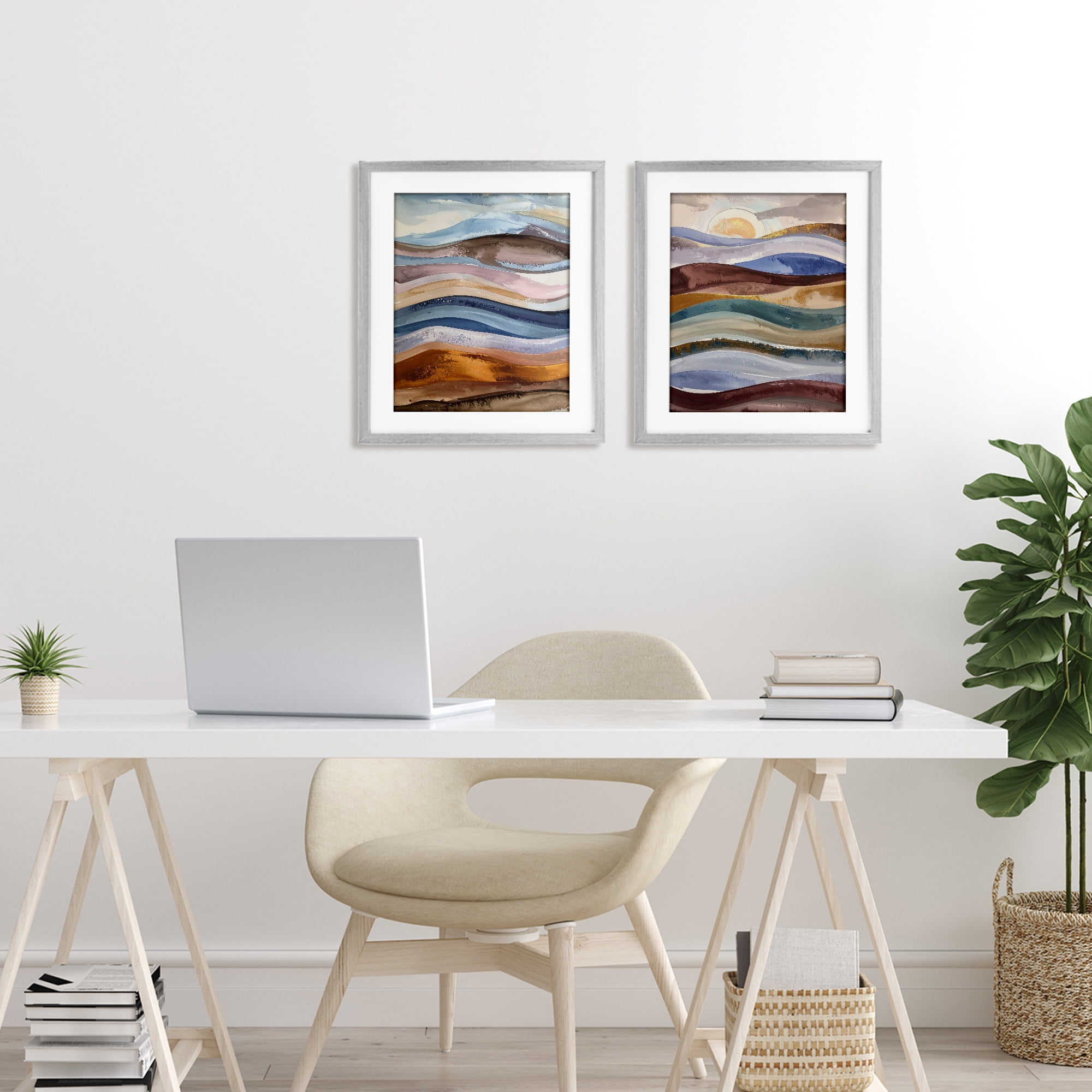 Stupell Industries Earthy Ocean Flow 2 Piece Gray Framed Print Under Glass Set, design by Alonza Saunders