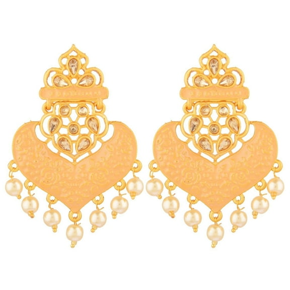 Efulgenz Indian Traditional Earrings for Women Peach Color Wedding Floral Crystal Kundan Dangle Earrings Faux Pearl Drop Dangling Earrings for Women