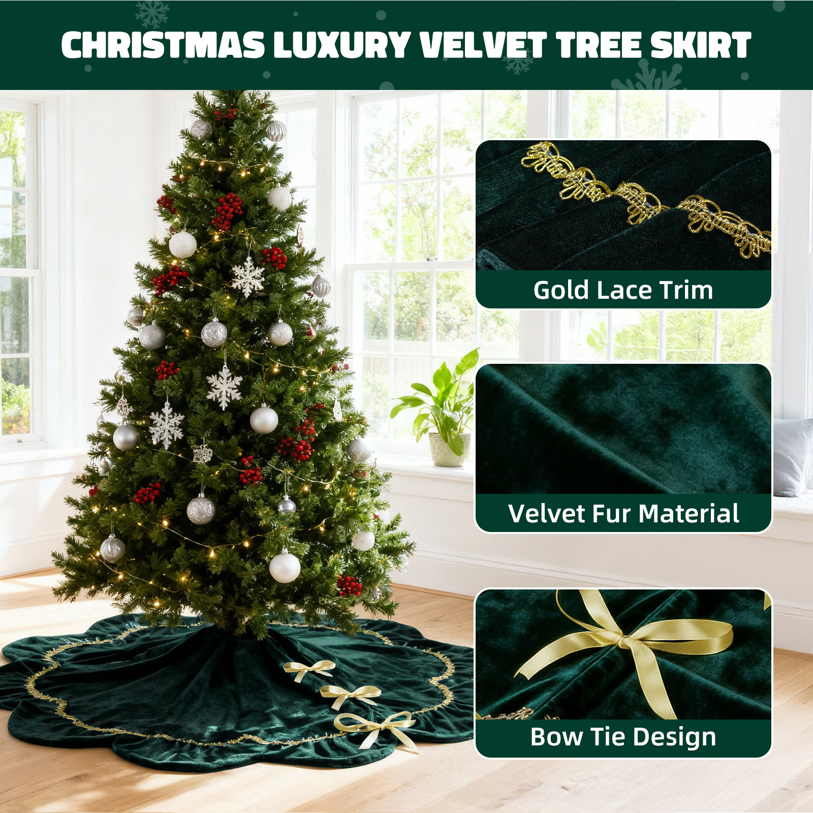 Inadays Luxury Velvet Christmas Tree Skirt, 30" Green photo 5