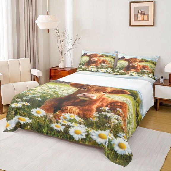 Castle Fairy Highland Cow Twin Sheet Sets for Teens Female Men,Floral Daisy Bedding