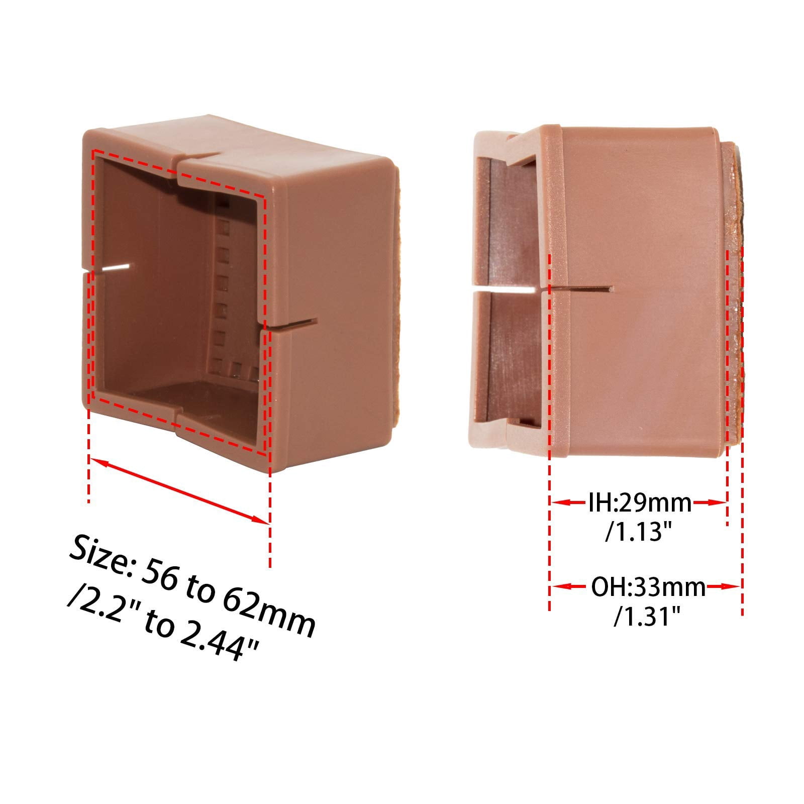 Flyshop 8PCS Square Chair Leg Caps with Felt Pads Durable PVC Protective Feet Cap Prevent Scratches Reduce Noise Felt Furniture Pads, Coffee Floor Protectors, 56 to 62 mm