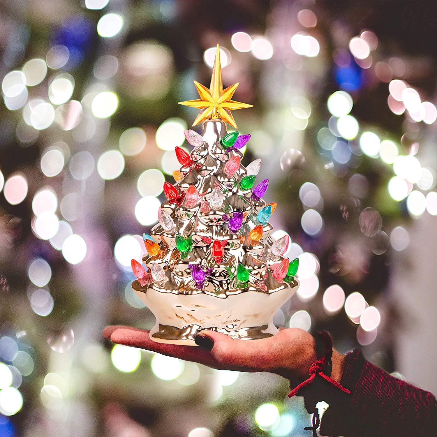 RJ Legend 9-Inch Ceramic Champagne Gold Christmas Tree Decoration – For Indoor & Outdoor Use - 35+ Multicolor LED Bulbs Christmas Tree – Handcrafted & Hand Painted – Glossy Premium Finish