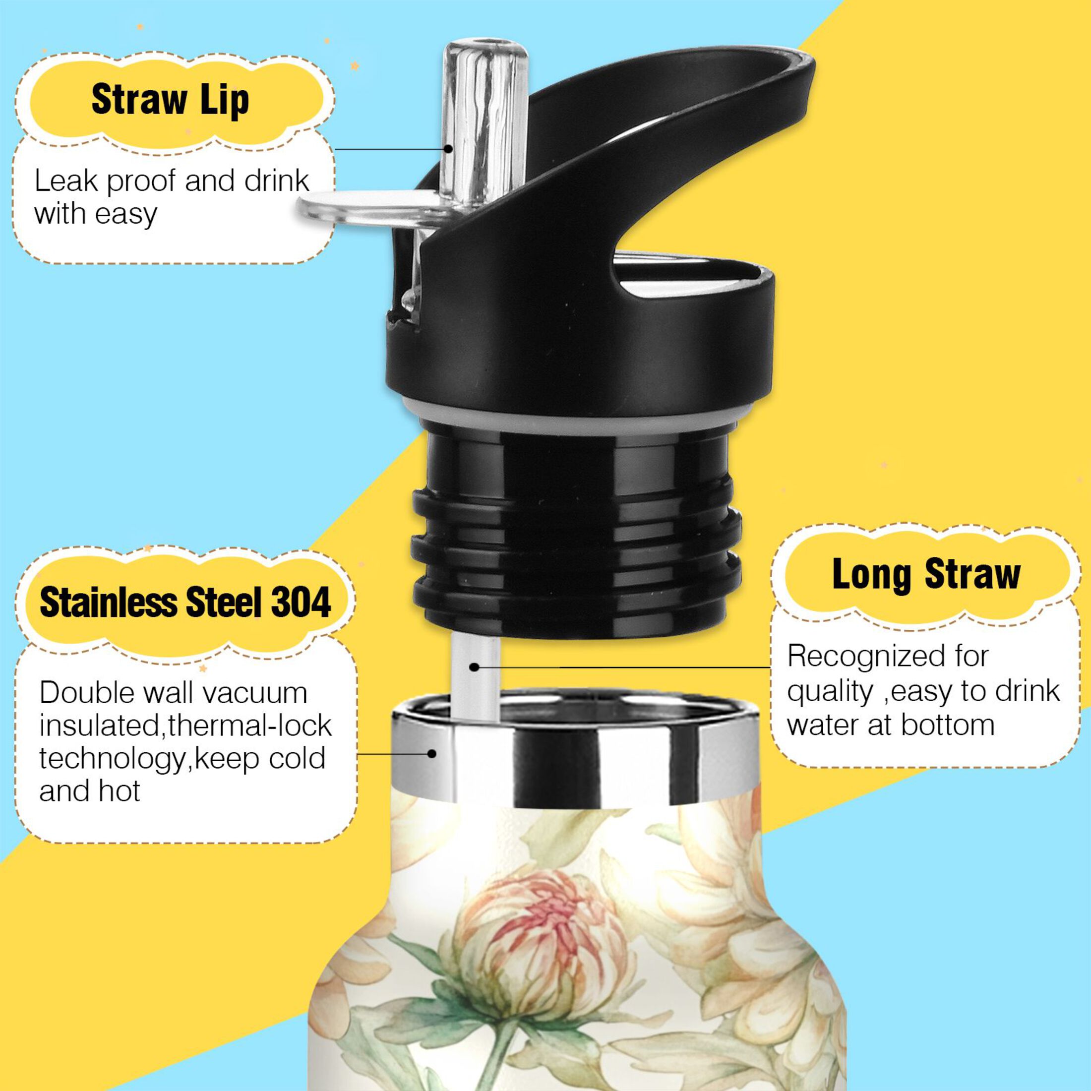 600ML Stainless Steel Insulated Cup Sports Water Bottle Portable Thermos Cup Water Glasses Insulated Tumblers Convenient and Durable Chrysanthemums Beige