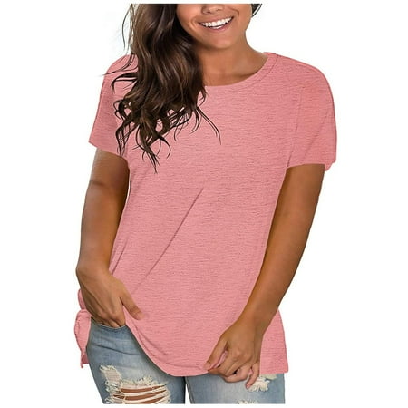 Womens Tops Plus Size Sawvnm Women's Fashion Solid Loose Short Sleeve T-shirt Pullover Tops Clearance Clothes under $5.00