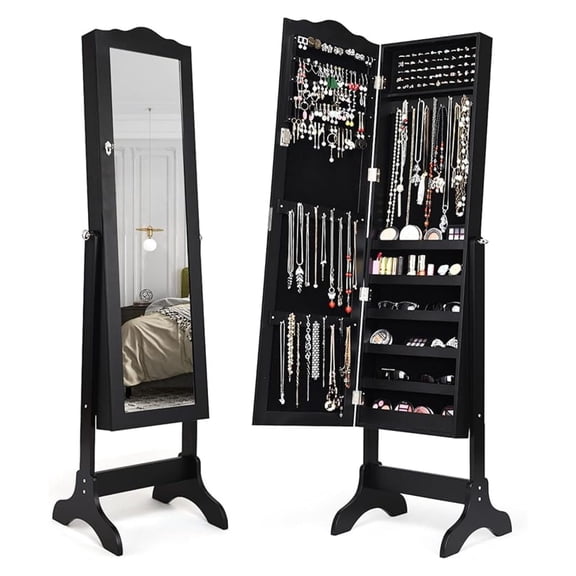 Jewelry Armoire Freestanding, Lockable Jewelry Organizer with Full Length Mirror, 4 Adjustable Angles, Large Capacity Jewelry Cabinet for Women Girls (Black)