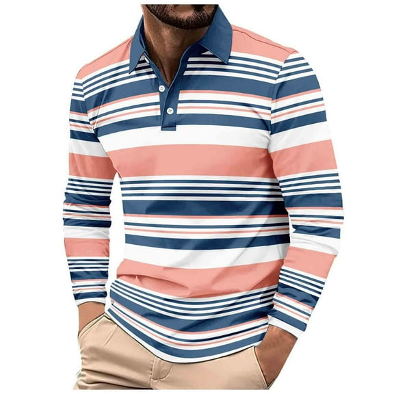 Men's Casual T Shirts 2025 Stylish Long Sleeve Stand Collar Striped Tees Lightweight Golf Blouse Slim Fit (XL, Pink)