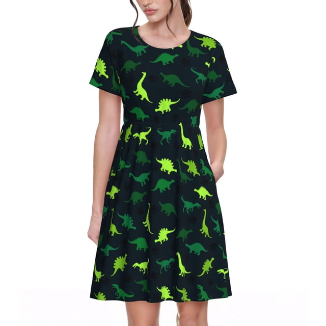 Balery Dinosaurs Vestidos sueltos de manga corta para mujer, vestidos de verano 2025, vestidos casuales de corte A con vuelo.