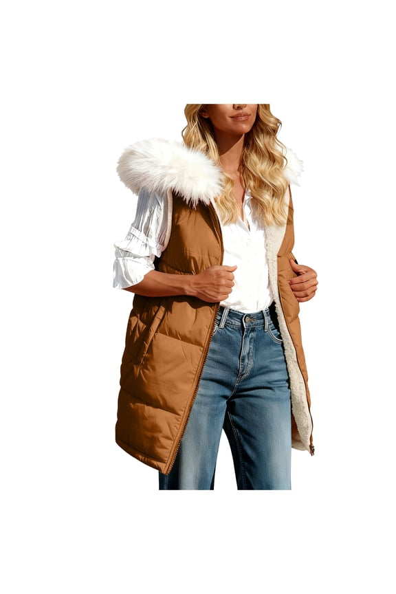 Long Puffer Vest for Women Reversible Fleece Sherpa Jacket Sleeveless Hooded Zip Up Fur Trim Winter Coat Fall Vests Outerwear (Gold, XL)