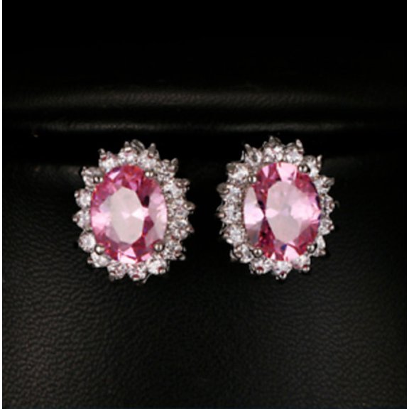 Pink Sapphire Oval Cut Halo Diamond Push Back Halo Stud Earrings 14K White Gold Plated
