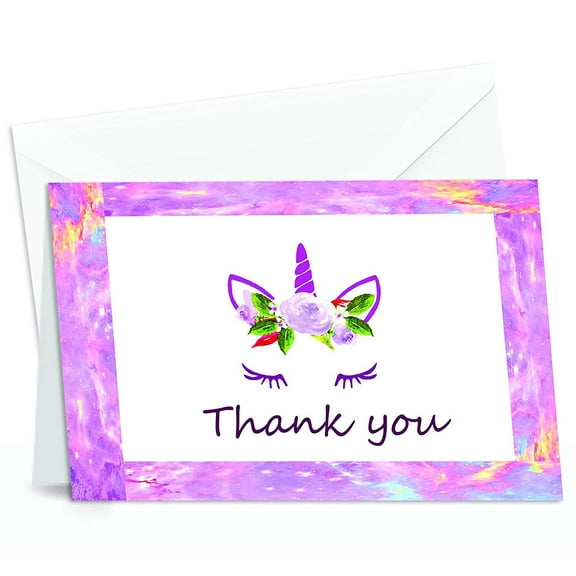 Unicorn Thank You Cards - 4x7 Inches of 50 Purple and Pink Unicorn Design Blank Card Notes with Envelopes - Perfect for Kids and Birthday Parties, Write Happy Gift-Notes for Baby, Graduation, Weddings