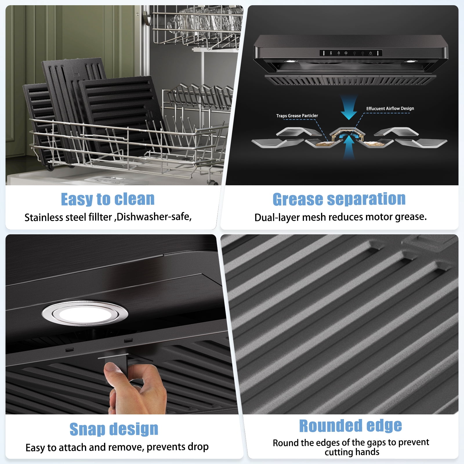 VIKIO 36 inch Under Cabinet Range Hood 900CFM, Ducted 3 Speed Exhaust Fan, Touch Panel, Stainless Steel, Black