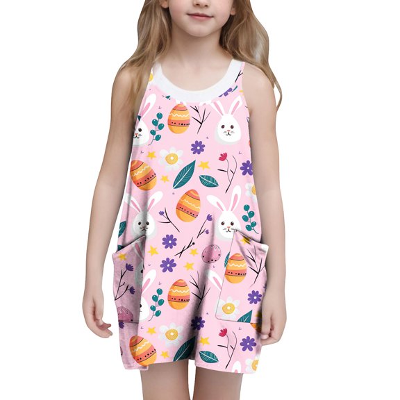 SELONE Easter Dress Girls Sleeveless Tank Dress Crew Neck Sundress with pockets Easter Egg Bunny Casual Hoilday Outfits