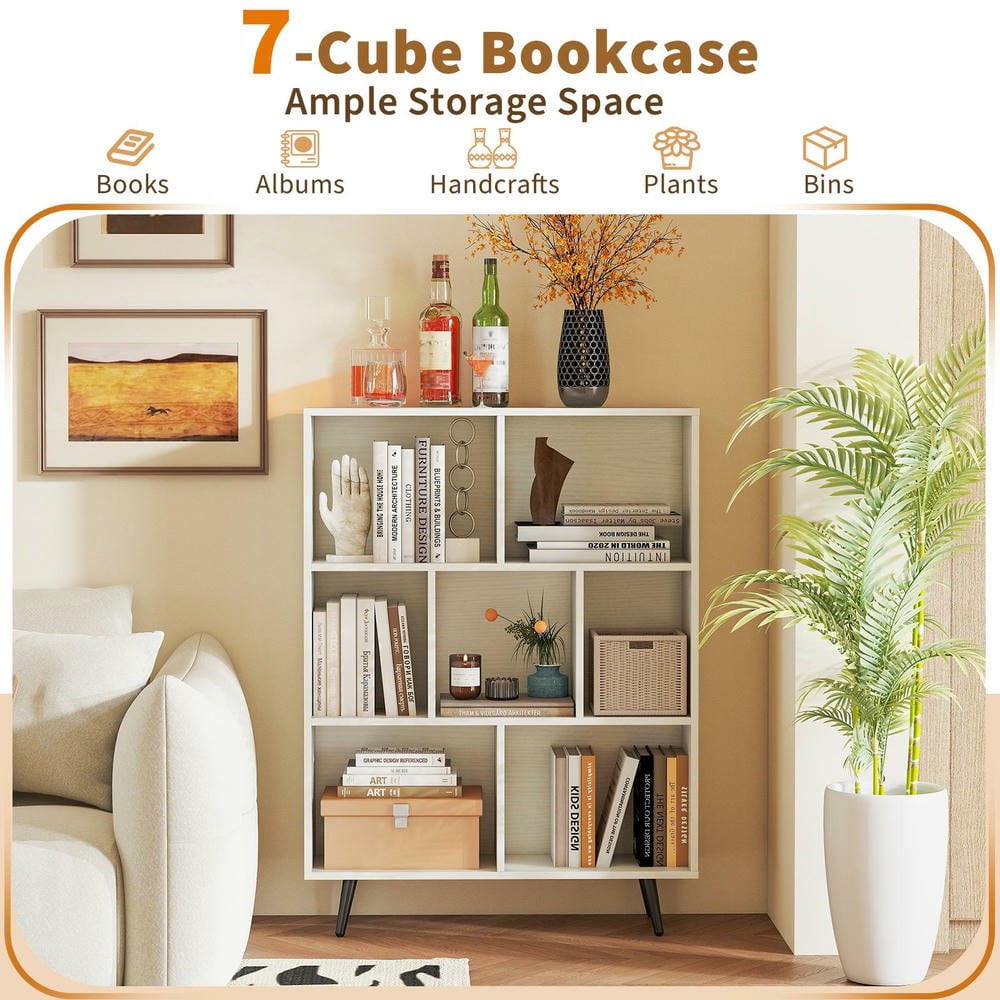 Resenkos 7-Cube Bookcase with 5 Tapered Metal Legs, White + Black