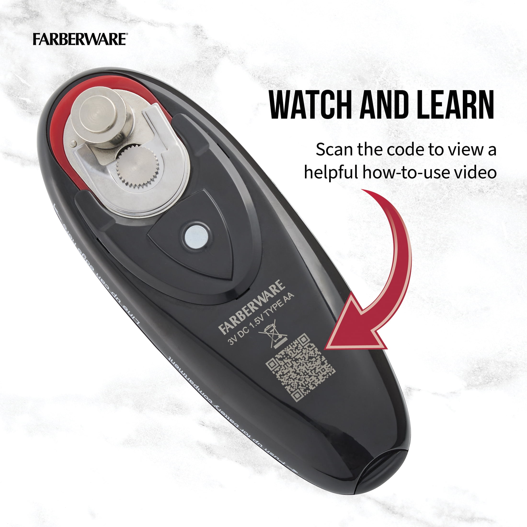 Farberware Hands-Free Battery-Operated Black Can Opener in Red