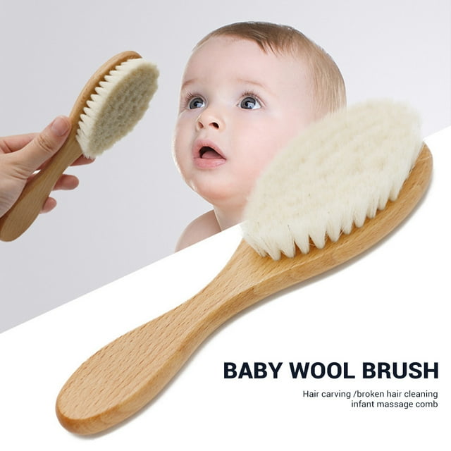 Goat Hair Brush with soft bristles and a natural wooden handle, designed for gentle scalp care and baby care. The brush measures approximately 18x5x3 cm and is made of mountain wool and eucalyptus. Suitable for soothing babies during showers, relieving anxiety, and cleaning infant hair. Ideal as a gift for newborns.