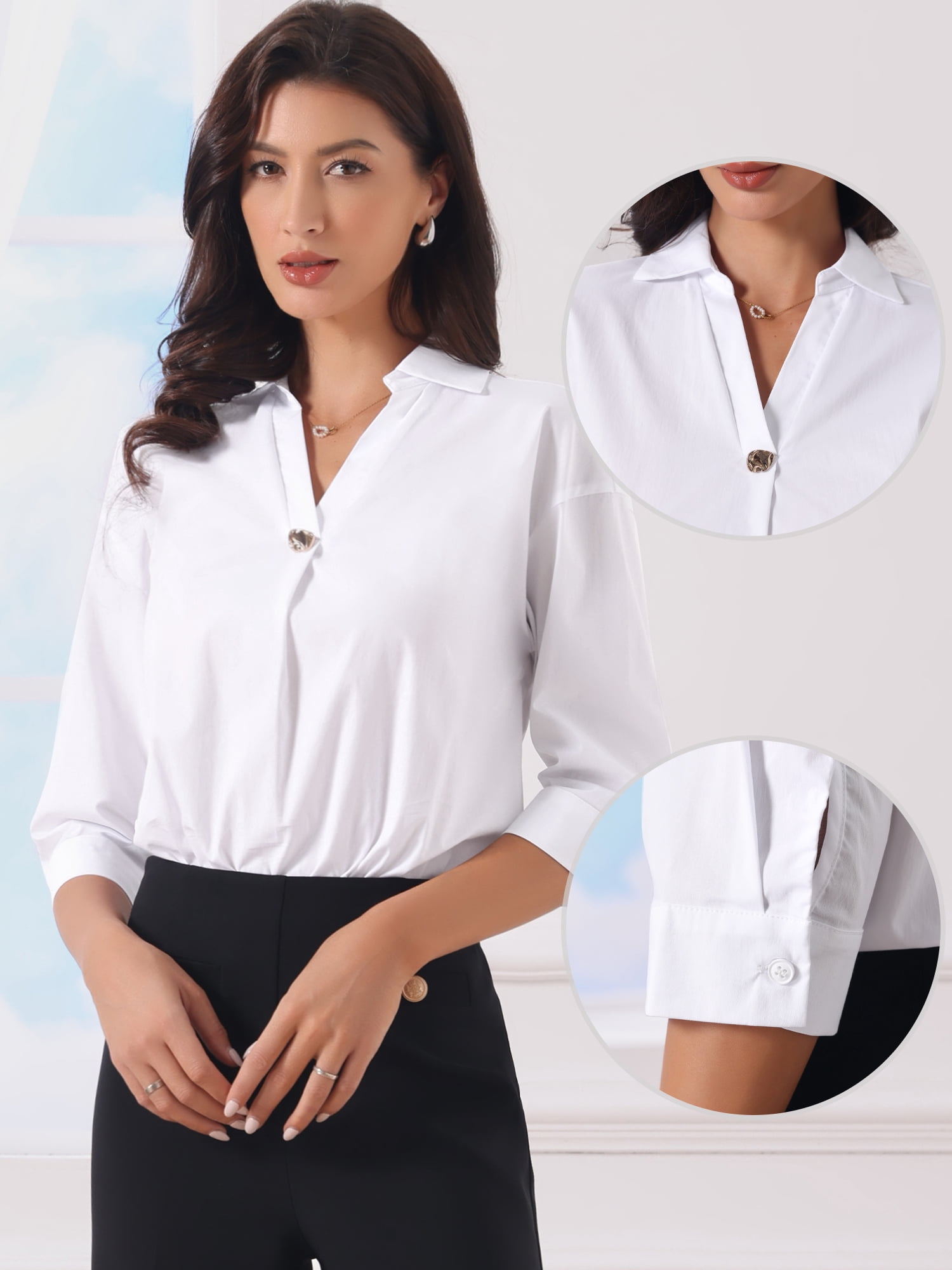 DARING DIVA Women's 3/4 Sleeve Collared V Neck Blouse Shirt Large White
