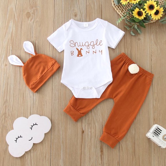 Baby Boy Girl Easter Day Clothes Set Rabbit Prints Short Sleeve Romper Bodysuit Bunny Pants Headband/Hat 3PCS Set Easter Outfit for Boys Girls 3-6 Months