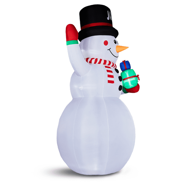 Giant 12FT Christmas Inflatable Snowman, 3 White LEDs + 1 Light Panel, Gift-Holding Waving Design, Weatherproof Polyester for Yard, Store, Indoor