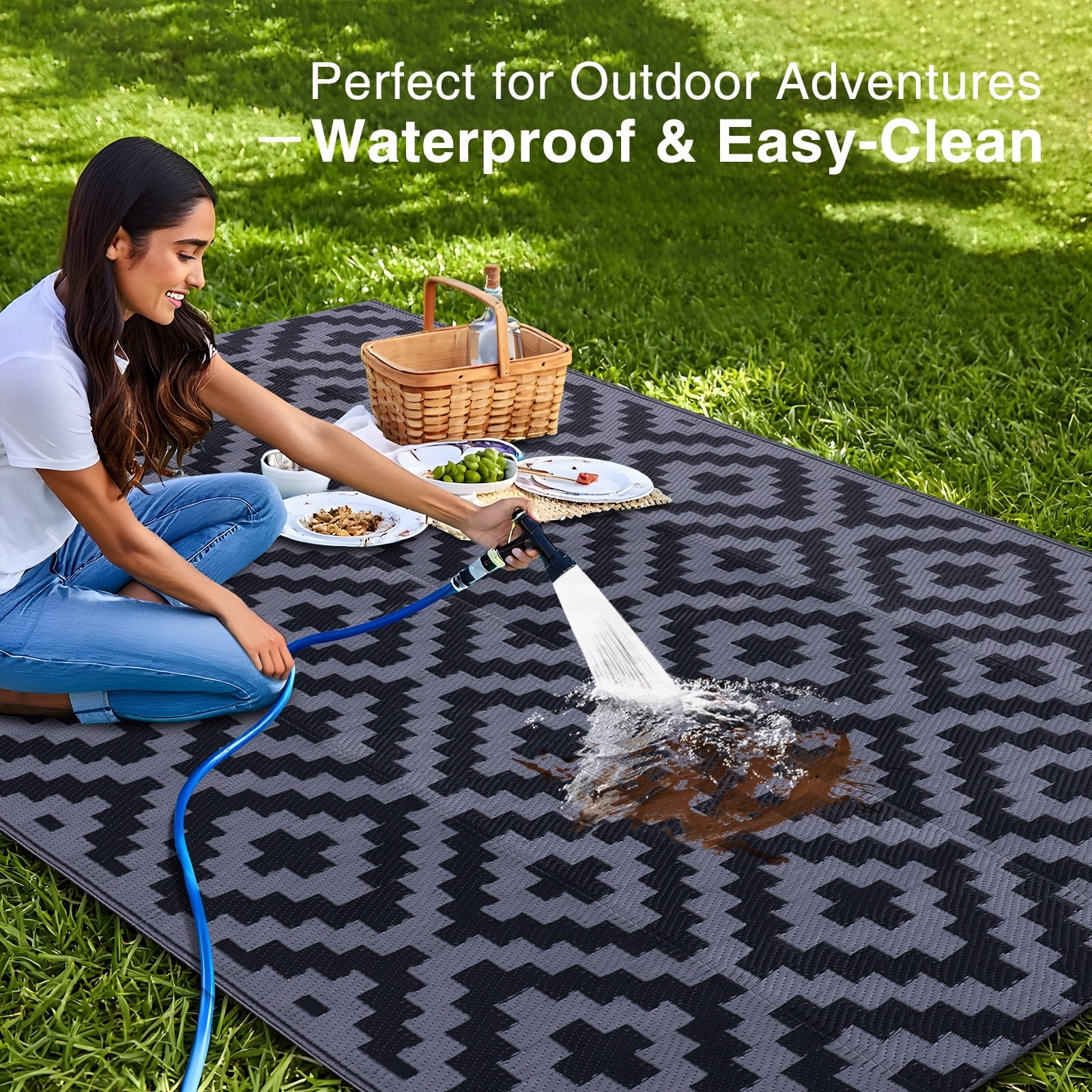 Smiry Outdoor Rug 8x10, Waterproof Reversible Plastic Outdoor Mat, Indoor Outdoor Rugs for Patio, RV, Deck, Porch, Black & Grey