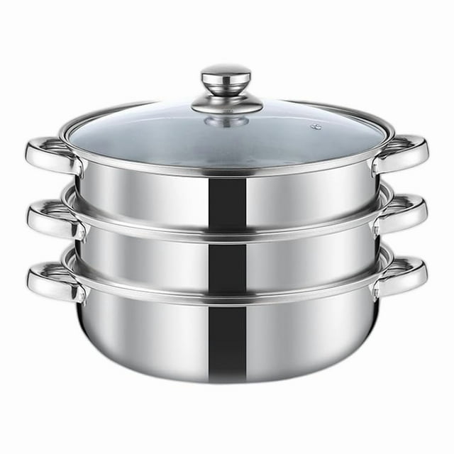 Olla vaporera para cocinar ollas vaporeras de 11 pulgadas olla de vapor multiusos de acero inoxidable de 3 niveles utensilios de cocina con mango para verduras