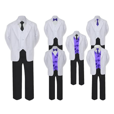 

5-7pc Formal Black White Suit Set Purple Bow Long Tie Vest Boy Baby Sm-20 Teen