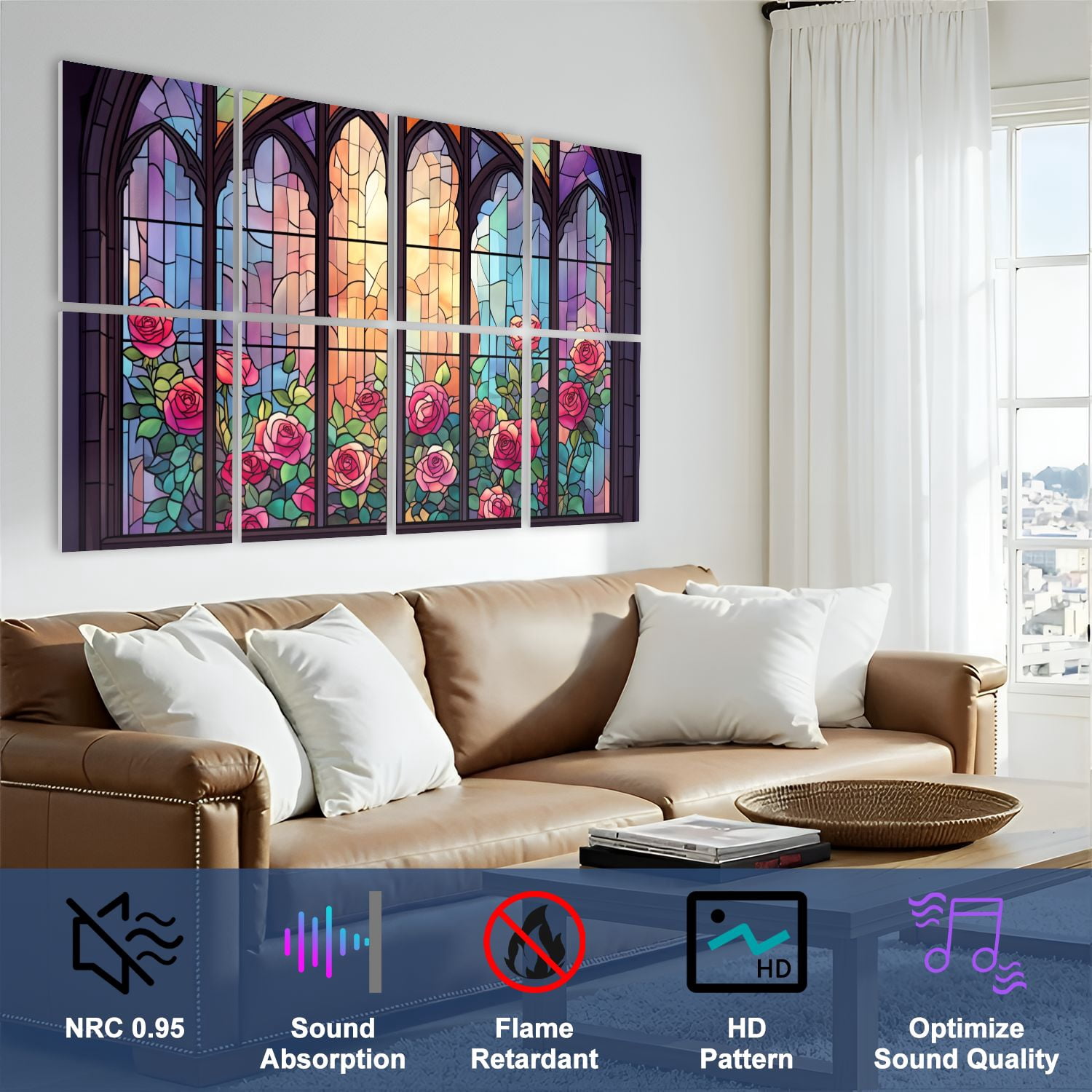 Stained Glass Style 8 Pack Art Acoustic Panels Sound Absorbing Window Pink Roses Vibrant Decorative Soundproof Wall Panels Self Adhesive for Nursery Game Room Bedroom 48"x32"