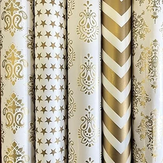 5 Pcs White & Golden Premium Design Gift Wrapping Paper Sheets Decorative Romantic Gift Wrap for Birthday Box, Anniversary, Wedding, Return Gifts, Scrapbooking book Cover, Packaging material, Craft,
