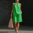 thumbnail image 3 of Linen Short Sets for Women 2 Piece Outfits V Neck Halter Tank Tops Knee Length Bermuda Shorts Beach Loungewear Set,Green M, 3 of 7