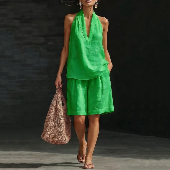 Women Linen Sets 2 Piece Outfits, Minimalist Halter Neck Top and High Waisted Wide Leg Short Pants Travel Matching Set