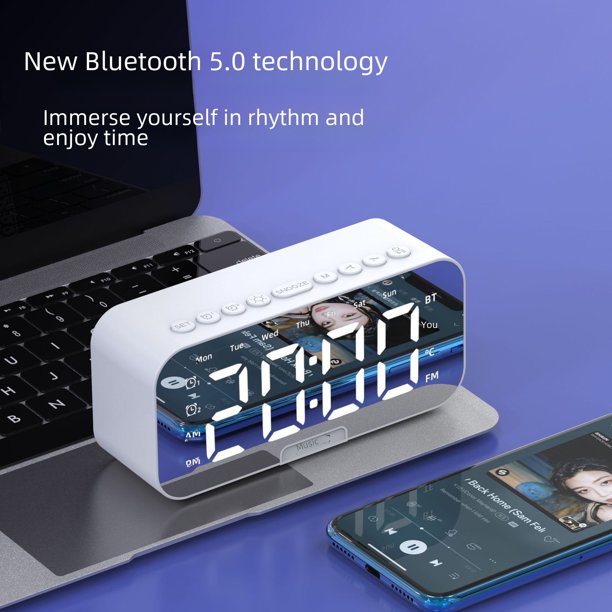 Espejo multifuncional, altavoz inalámbrico inteligente con Bluetooth, reloj portátil, despertador, tarjeta de inserción de temperatura