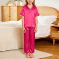 thumbnail image 3 of Mifsaly Kids Girls Pajama Set 3 Piece Soild Color Silk Satin Pjs Matching Outfits Button Down Sleep Shirts with Ruffle Trim Shorts and Fit Lounge Pants, 3 of 8