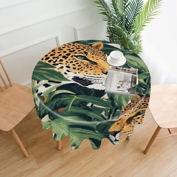 RKSupls 60 Inch Round Tablecloth, Leopard Jungle Leaves Premium Polyester Straight Edge Wrinkle Resistant Washable Table Cover for Party Home Dining Decor