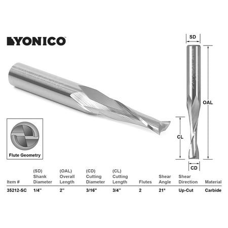 

Yonico CNC Router Bit Low Helix Up Cut 2 Flute 3/16 Dia. X 3/4 - 35212-SC