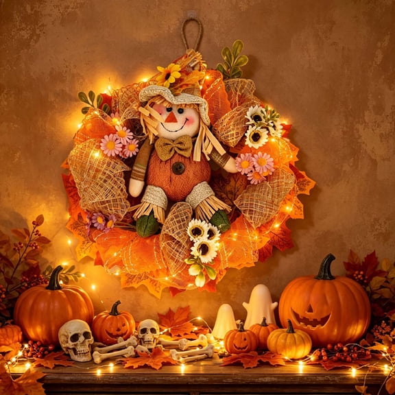 OCCOA Fall Scarecrow Wreath Maple Leaf Flower Front Door, Thanksgiving Halloween Porch Wall Hanging Decor, Rustic Autumn Farmhouse Wreath, Multicolor