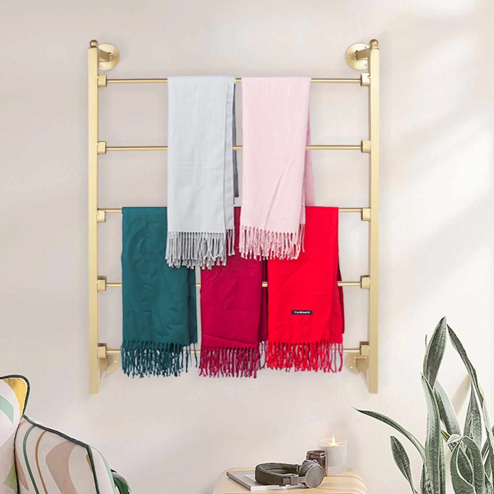 Miumaeov Gold Scarf Display Stand 5-Tier Metal Belt Hanger Tie Rack Wall Mounted Sturdy